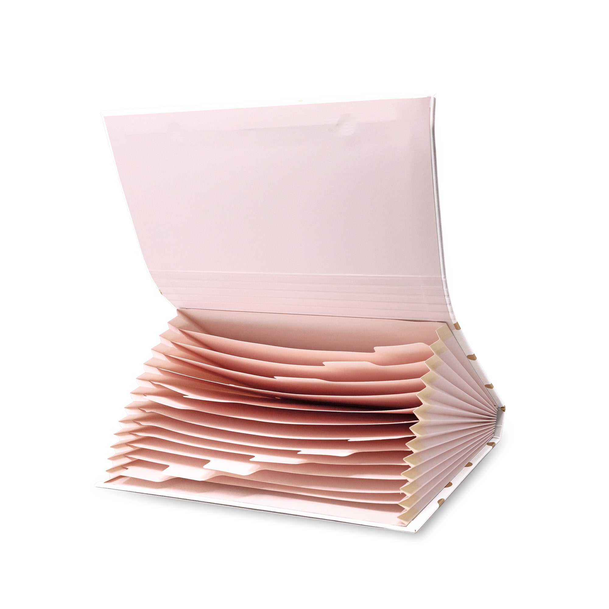 A set of light pink hanging file folders shown open in a fan arrangement on a plain white background.