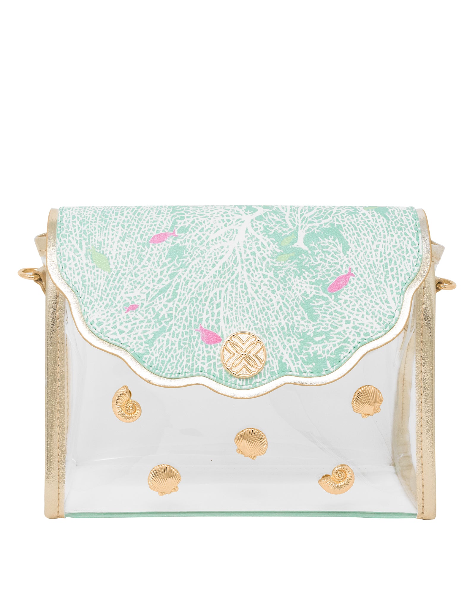 Small pouch with a green top half and gold accents on a white background