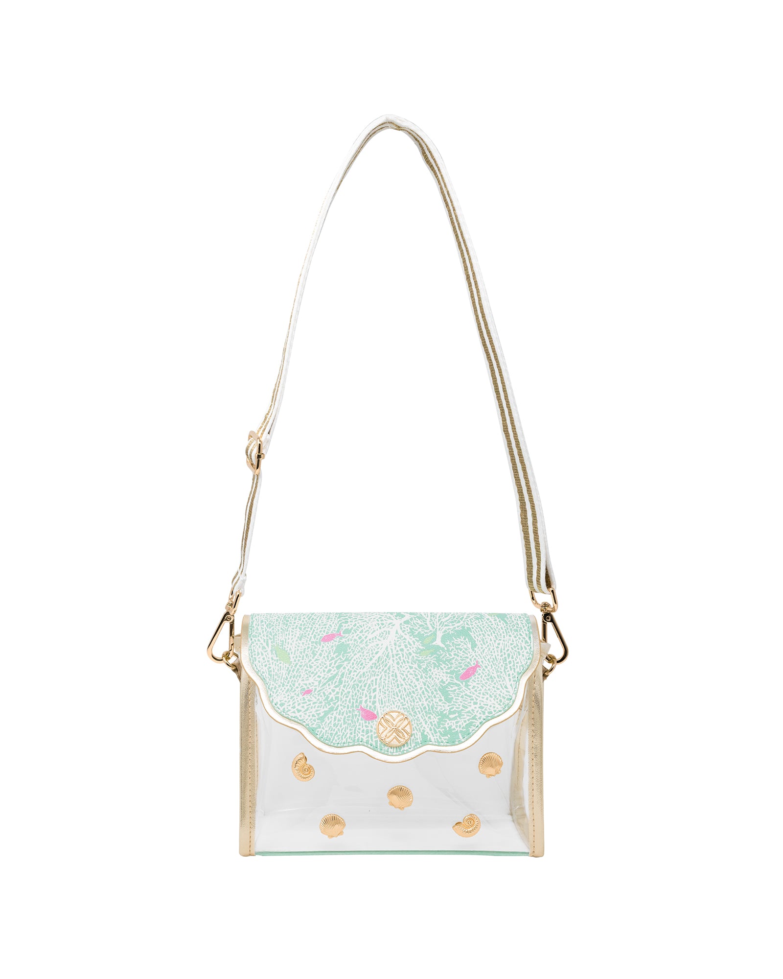 Small handbag with gold accents and a light blue flap on a white background