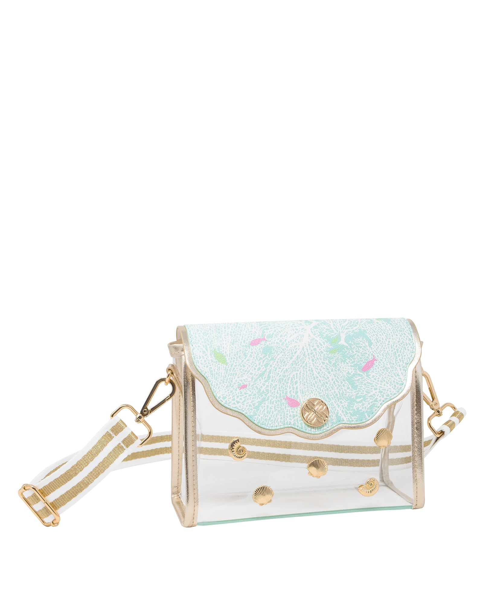 Clear handbag with a light blue top section featuring colorful polka dots on a white background