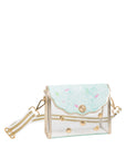 Clear handbag with a light blue top section featuring colorful polka dots on a white background