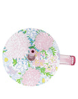 Floral-patterned water bottle with pink cap on a white background