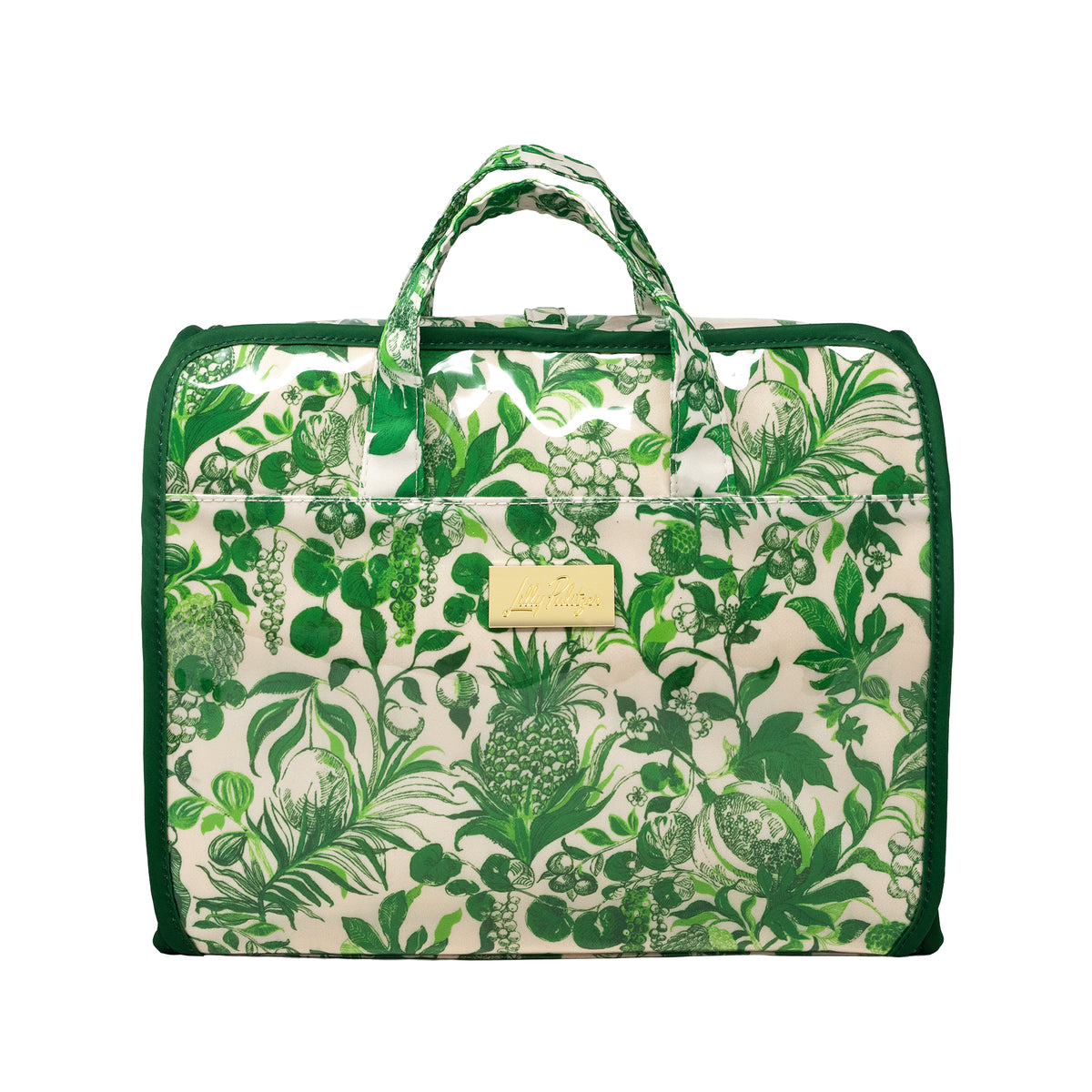 A green and white botanical print duffel bag with dark green trim, top handles, and a small gold-tone metal plaque on the front.