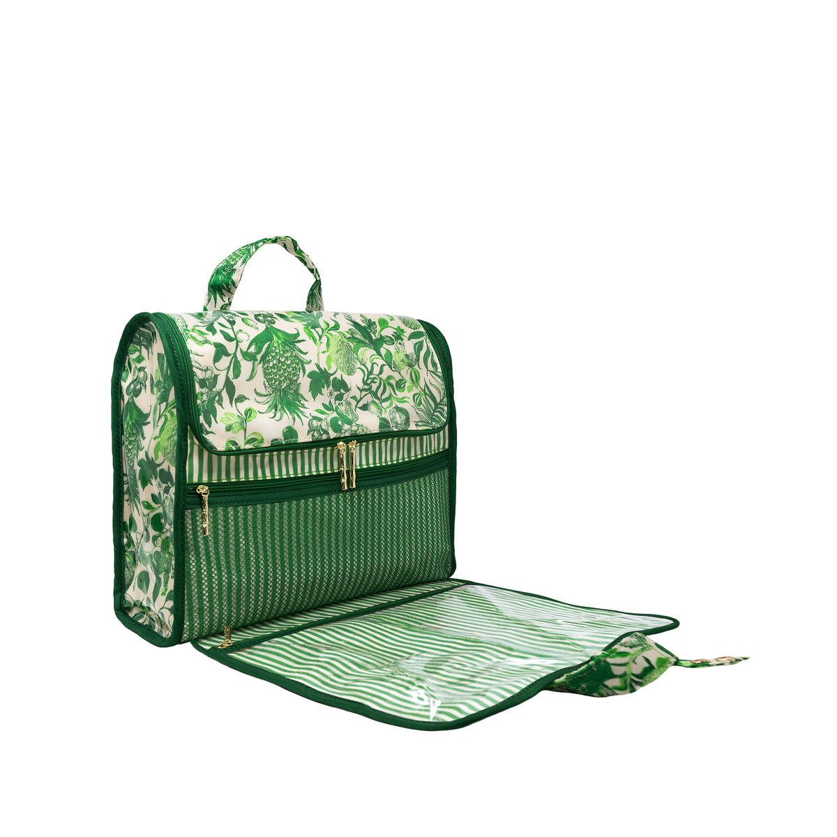 A green and white tropical print picnic blanket bag with a handle, shown with its matching zippered picnic cloth laid open underneath on a white background.