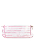 Pink and white striped clutch bag on a white background