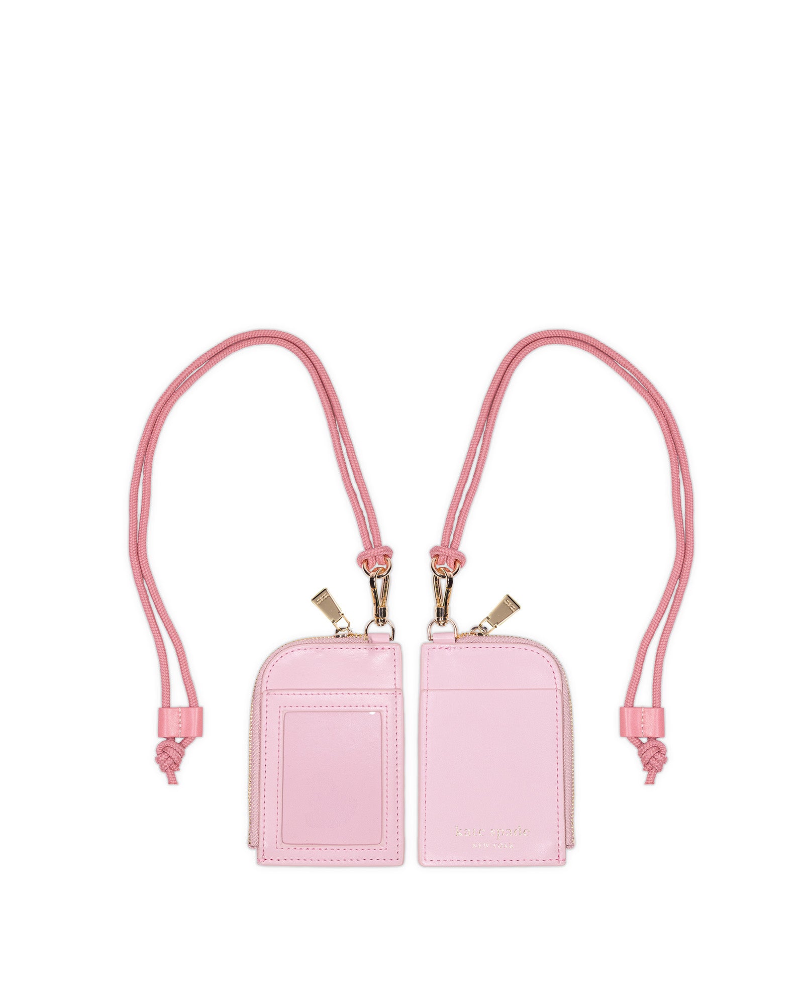 Front and Back view of pink leatherette ID holder with lanyard strap