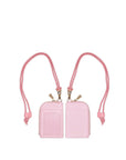 Front and Back view of pink leatherette ID holder with lanyard strap