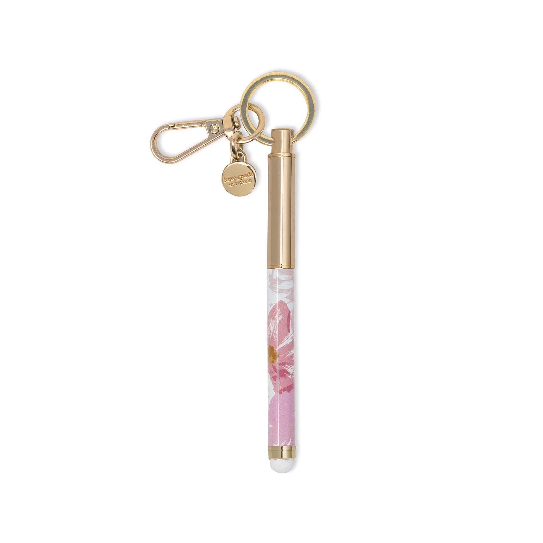 Gold pen with floral design and keychain on a white background