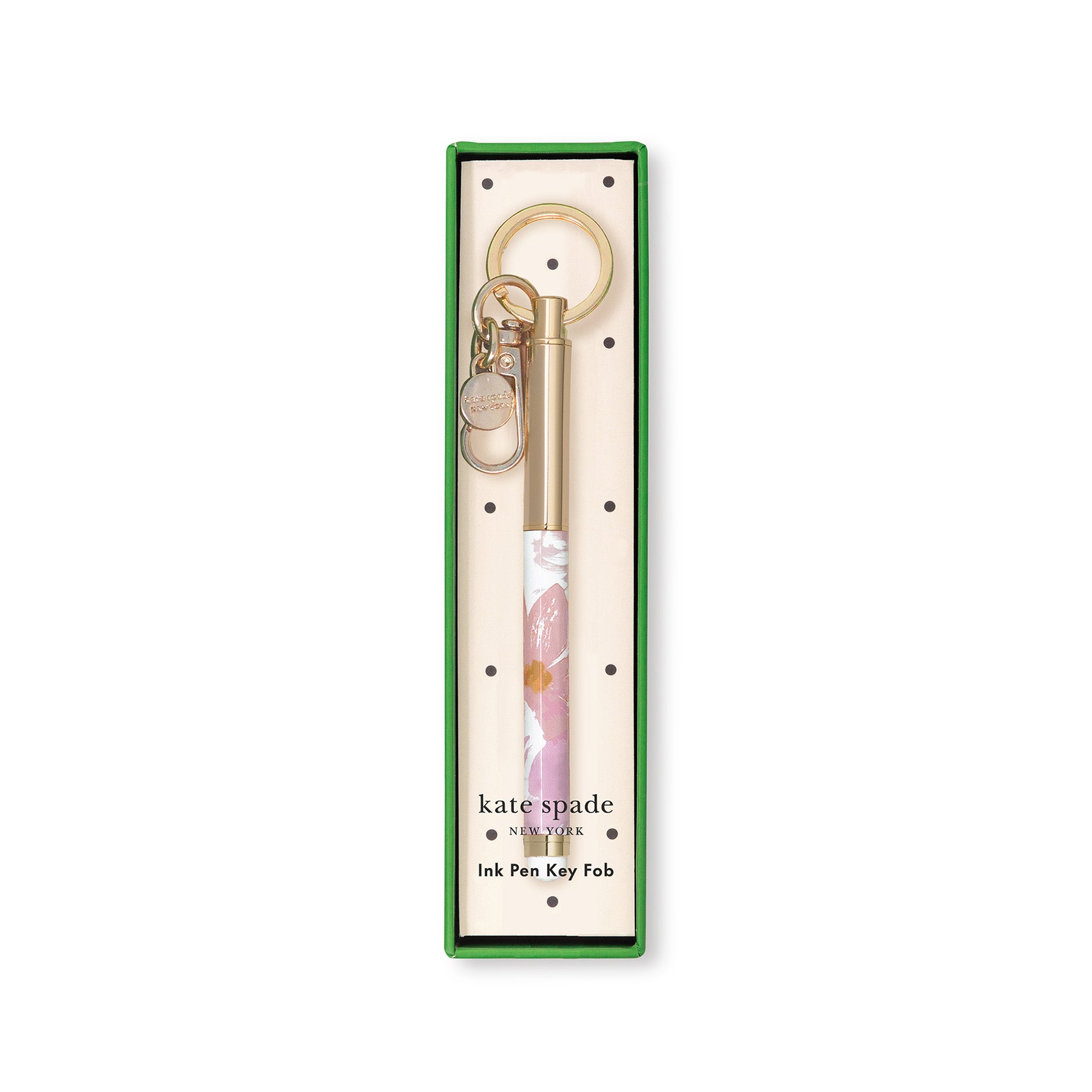 Kate Spade ink pen key fob in packaging on a white background