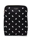 Black pouch with white polka dots and 'kate spade new york' branding on a white background
