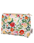 Floral patterned pouch with a brand label on a white background