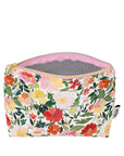 Floral-patterned pouch with a pink zipper on a white background