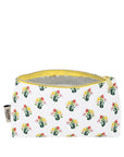 Cosmetic bag with floral pattern and yellow zipper on a white background