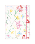 Notebook with floral design and pink ribbon on a white background