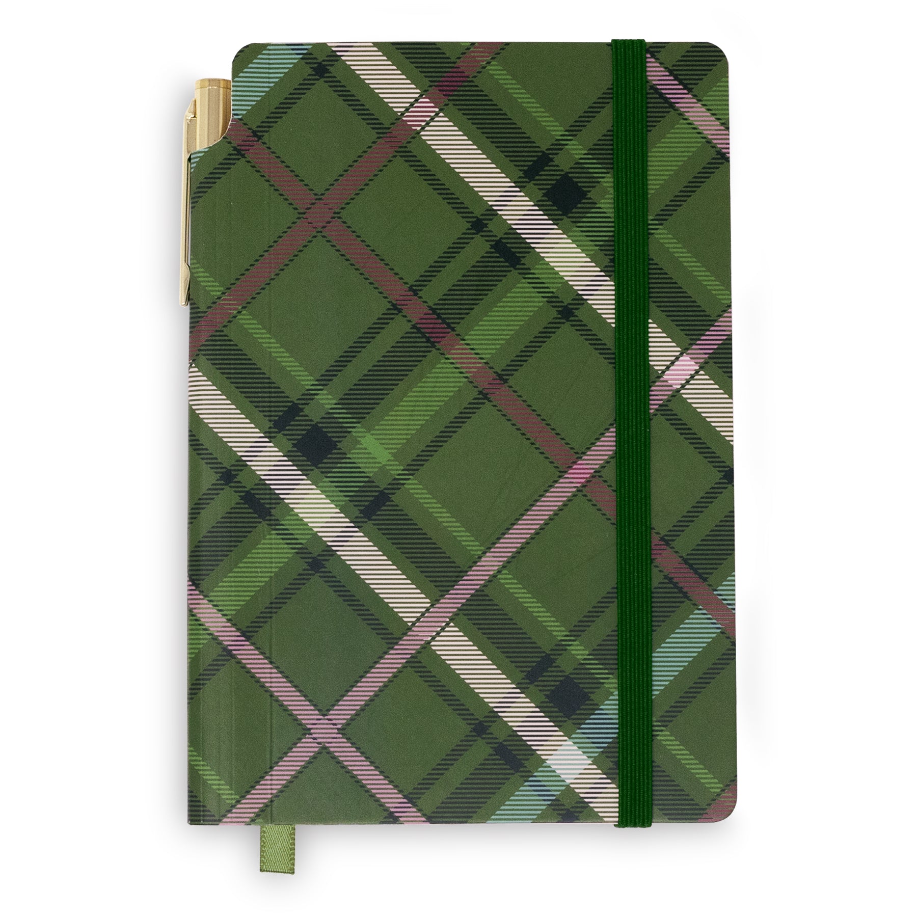 A hardcover notebook with a green plaid pattern cover, featuring a dark green elastic closure band and a gold pen tucked into the side.