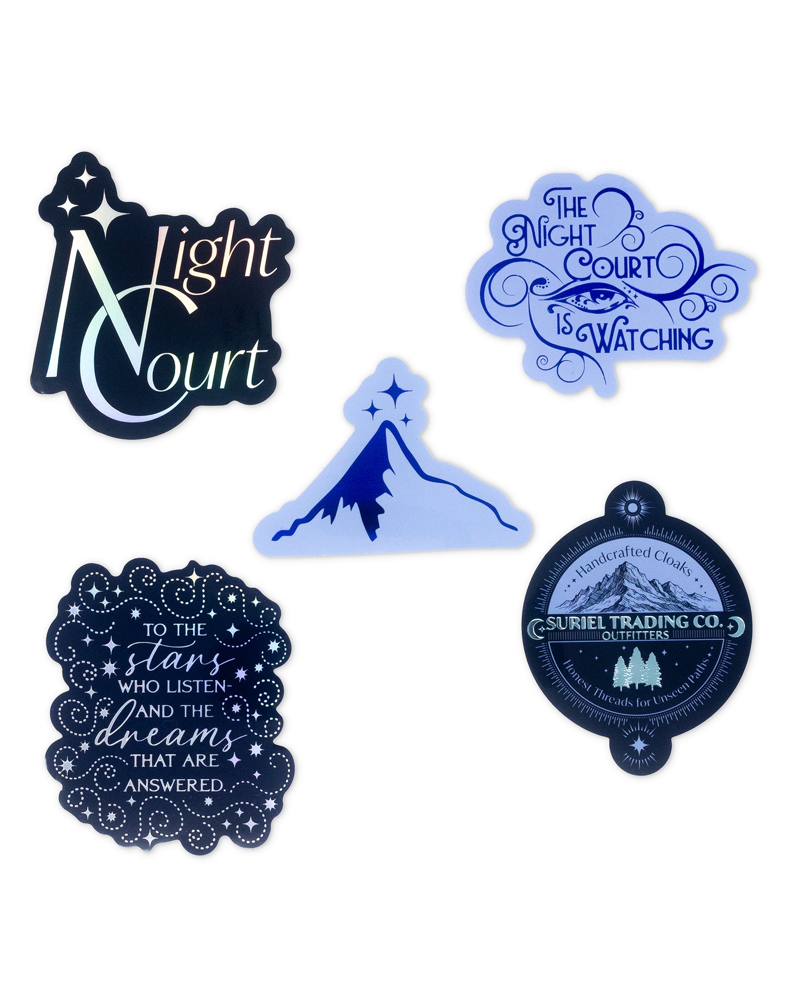 Set of five decorative stickers with various designs and text on a white background