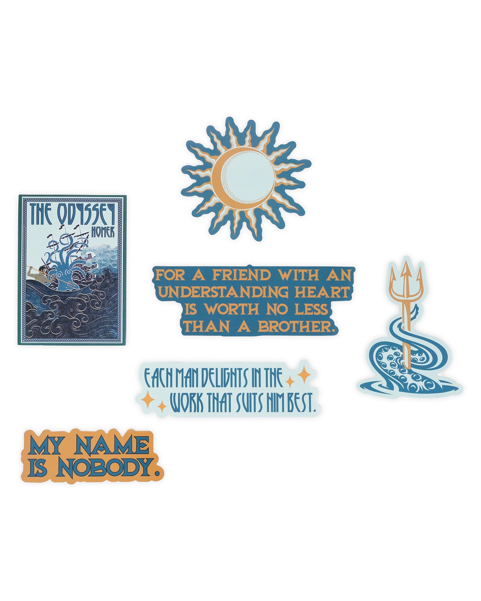 Collection of decorative elements including a book cover, sun emblem, motivational quote, and trident symbol on a white background.