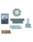Collection of decorative elements including a book cover, sun emblem, motivational quote, and trident symbol on a white background.