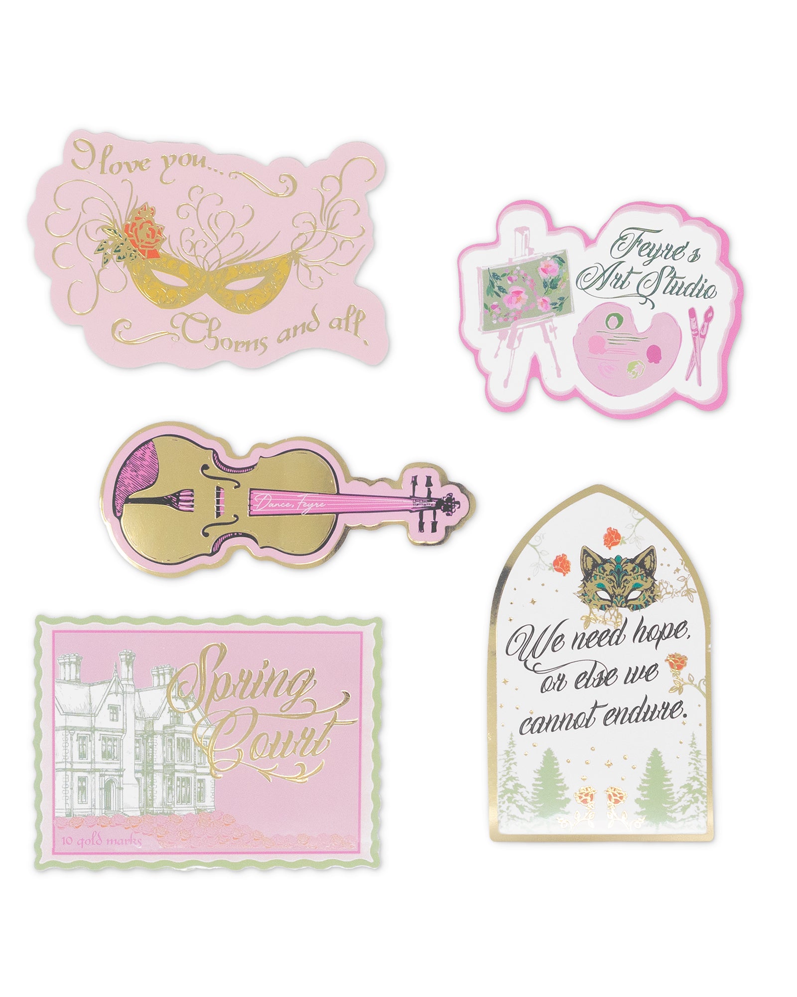 Set of decorative stickers with artistic designs and text on a white background
