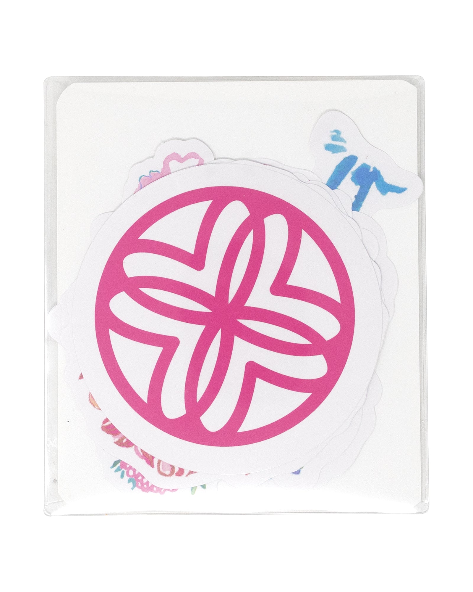 Pink circular stickers on a clear card with colorful text