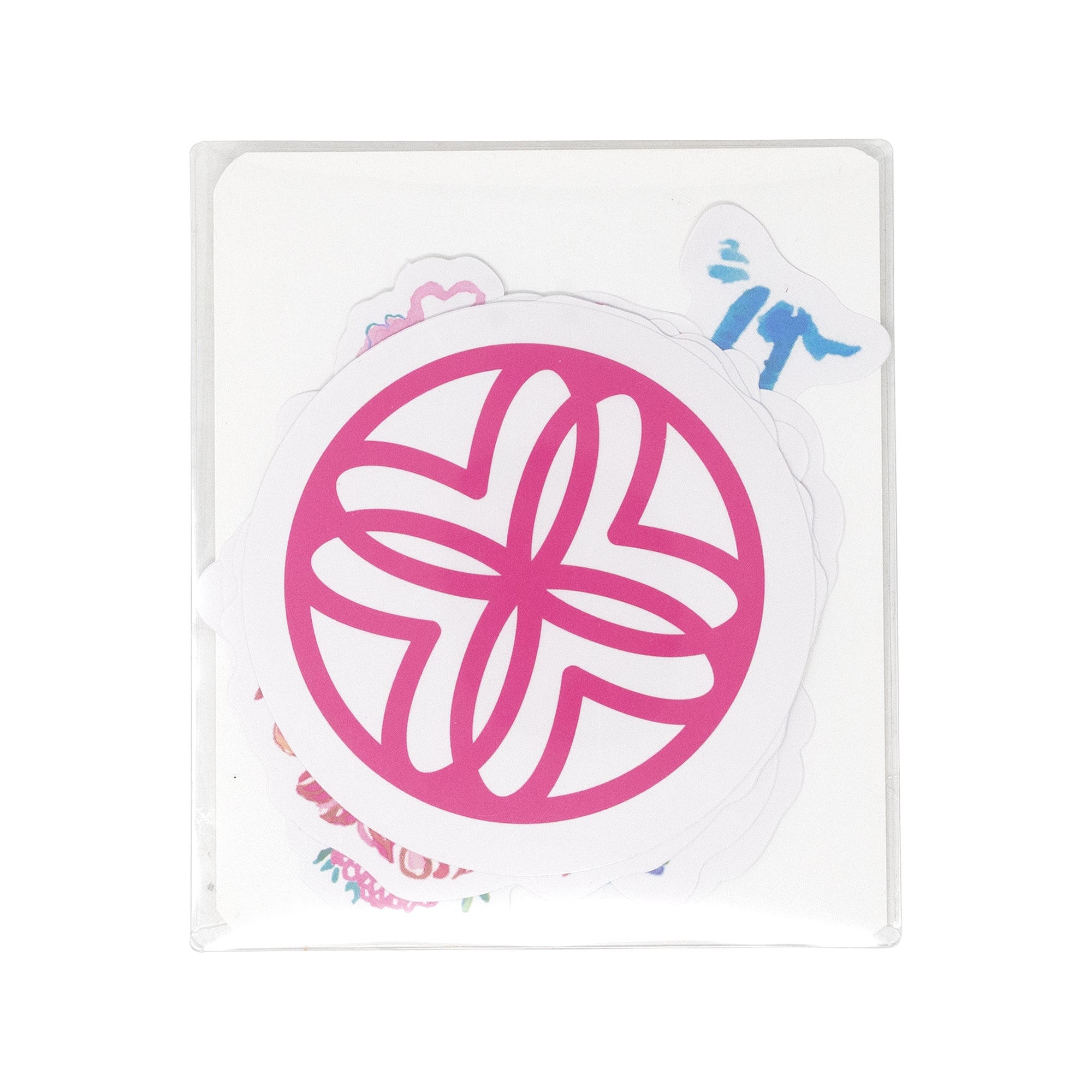 Pink circular stickers on a clear card with colorful text