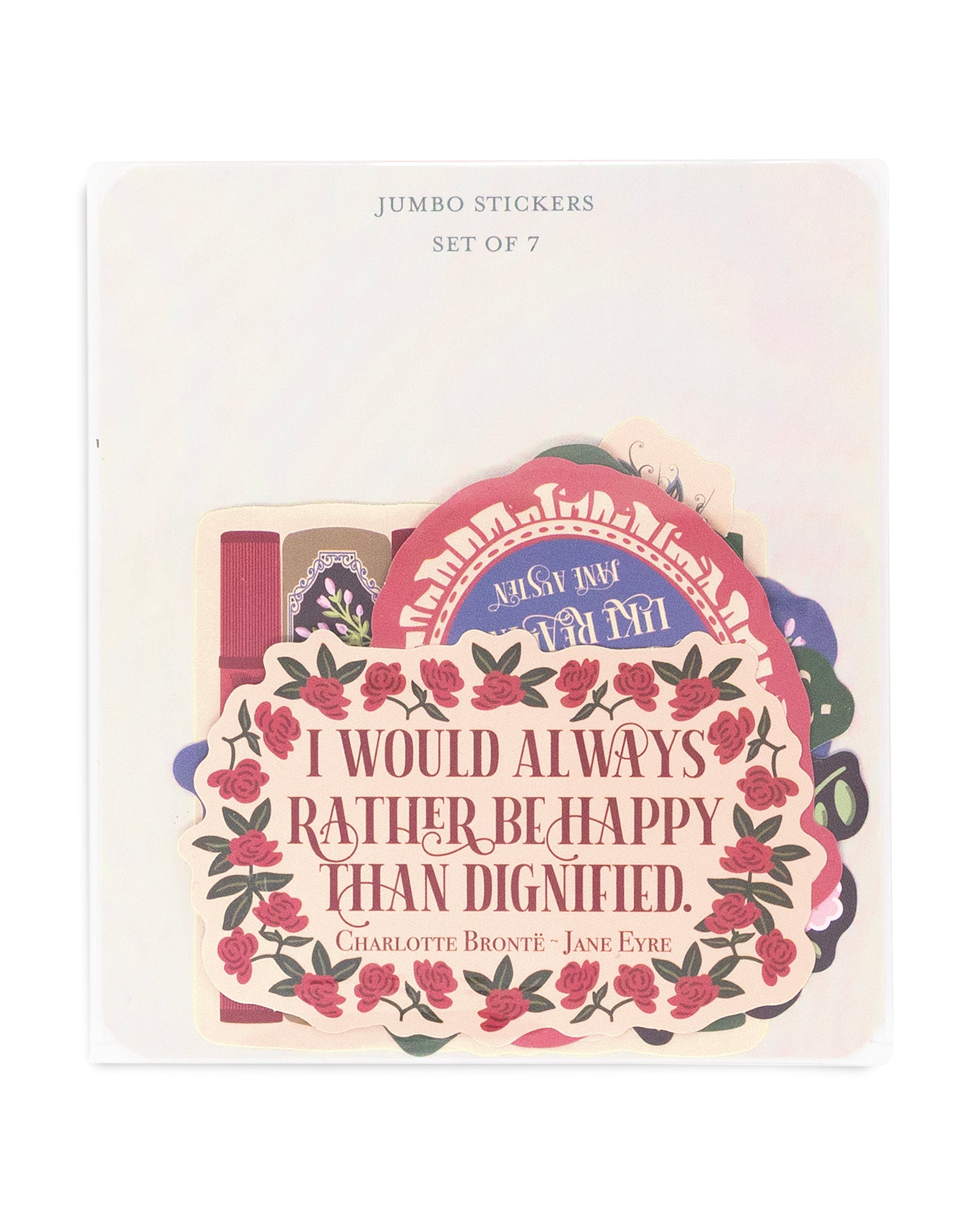 Packaging of jumbo stickers with floral design and text on a white background