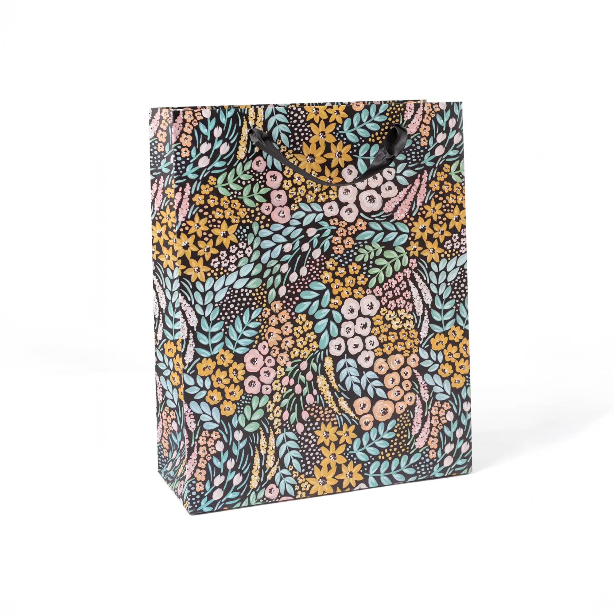 Black large gift bag with black handle and colorful floral print