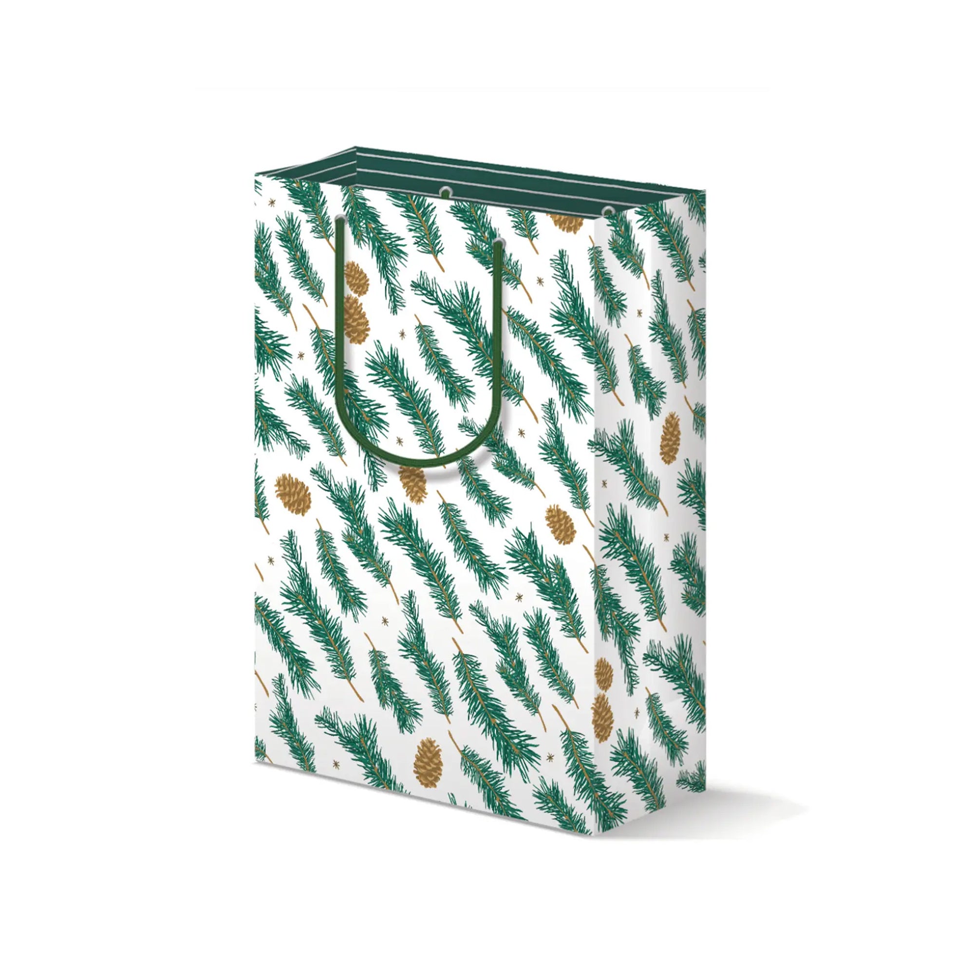 White gift bag with green rope handles and green pine branches and pinecone print