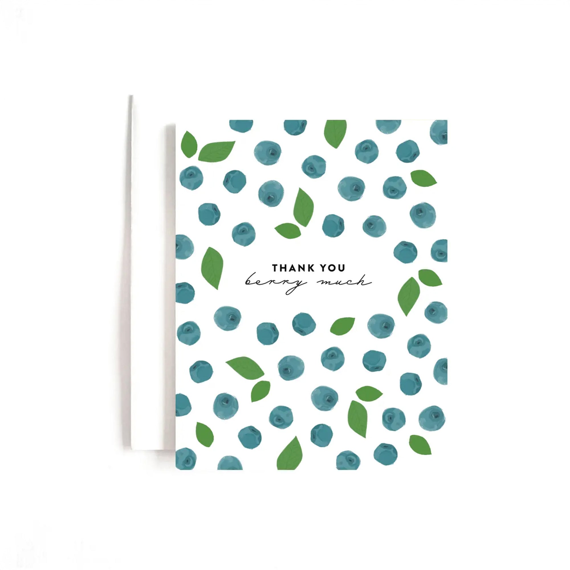 Greeting card with blueberry pattern and 'Thank you berry much' text on a white background