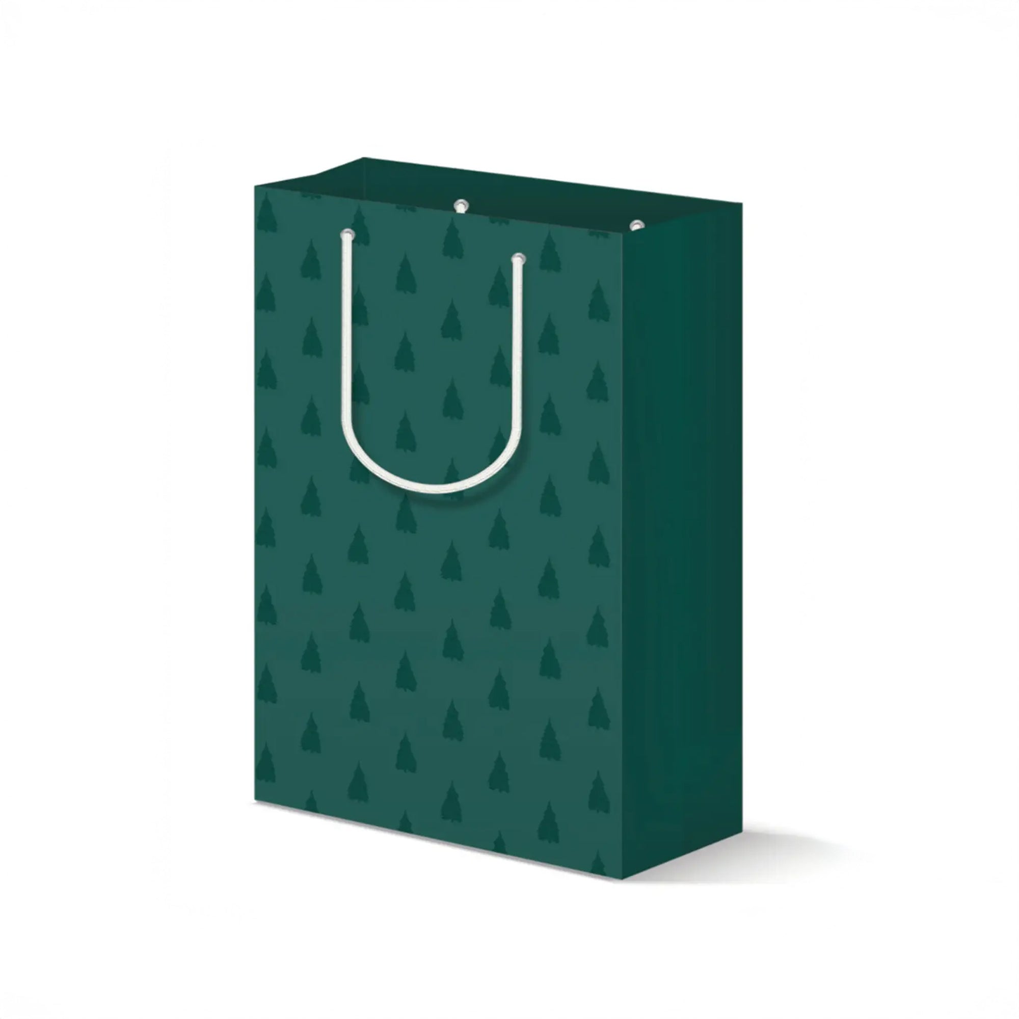 Dark green gift bag with white rope handle and all over simple pine tree print