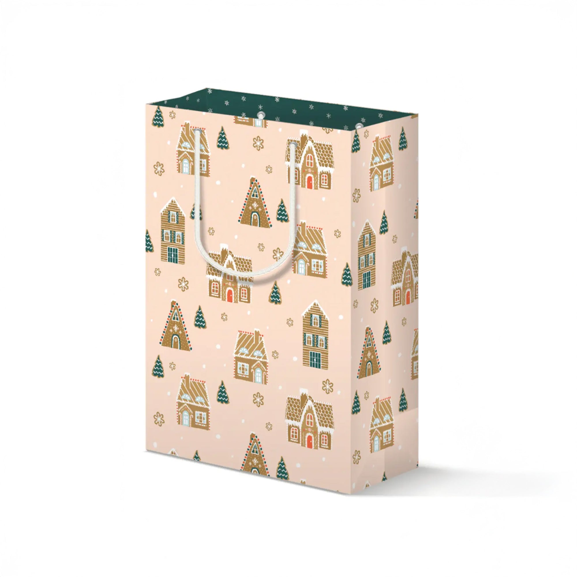 Light pink gift bag with gingerbread house print and white rope handles