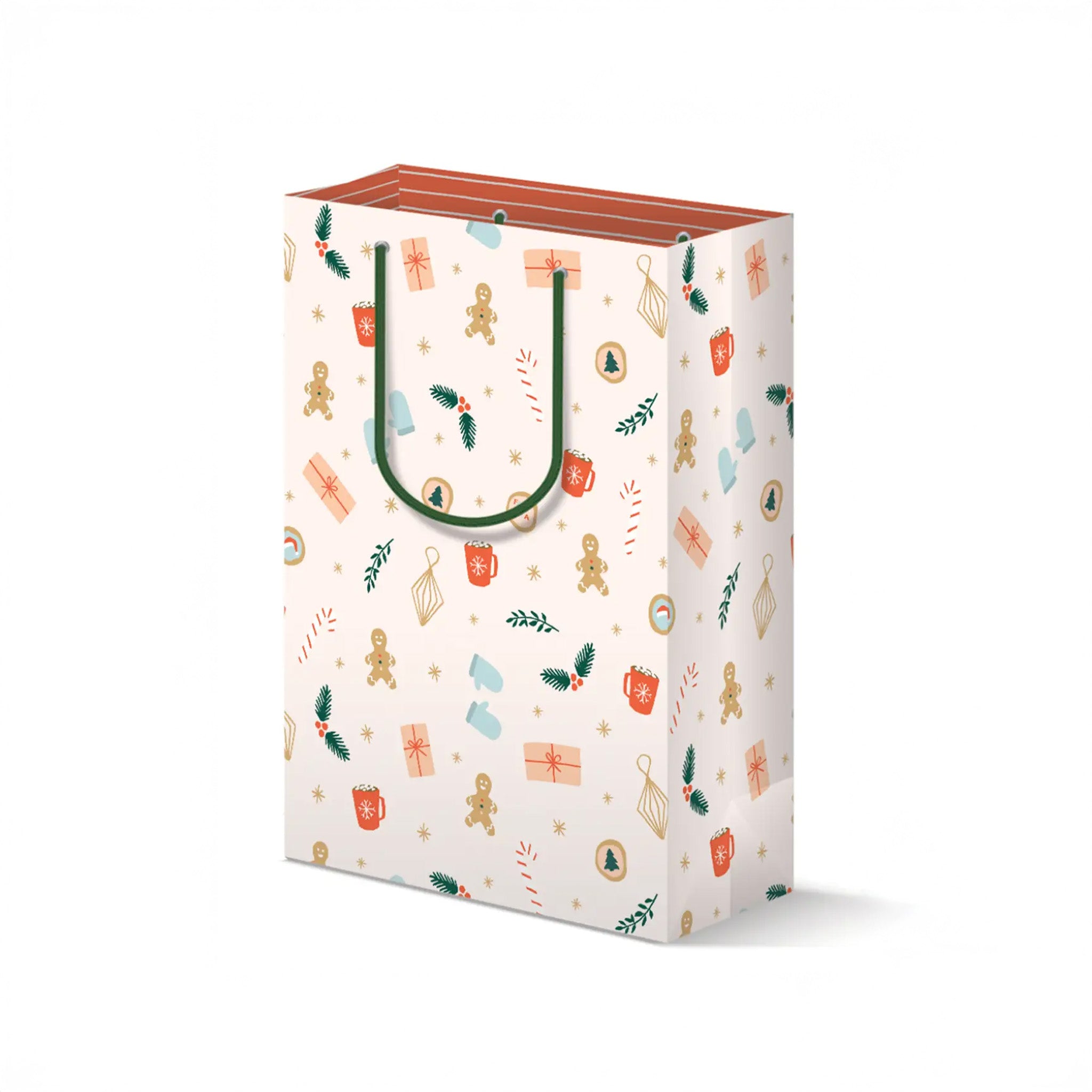 Light pink gift bag with green handle and all over holiday icons (gingerbread cookies, hot cocoa, candy cane, holly branch)