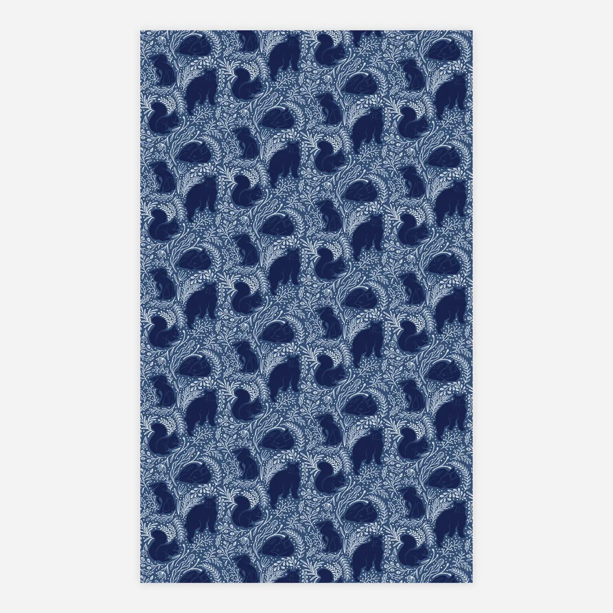 Navy blue animal patterned wrapping paper on a white background