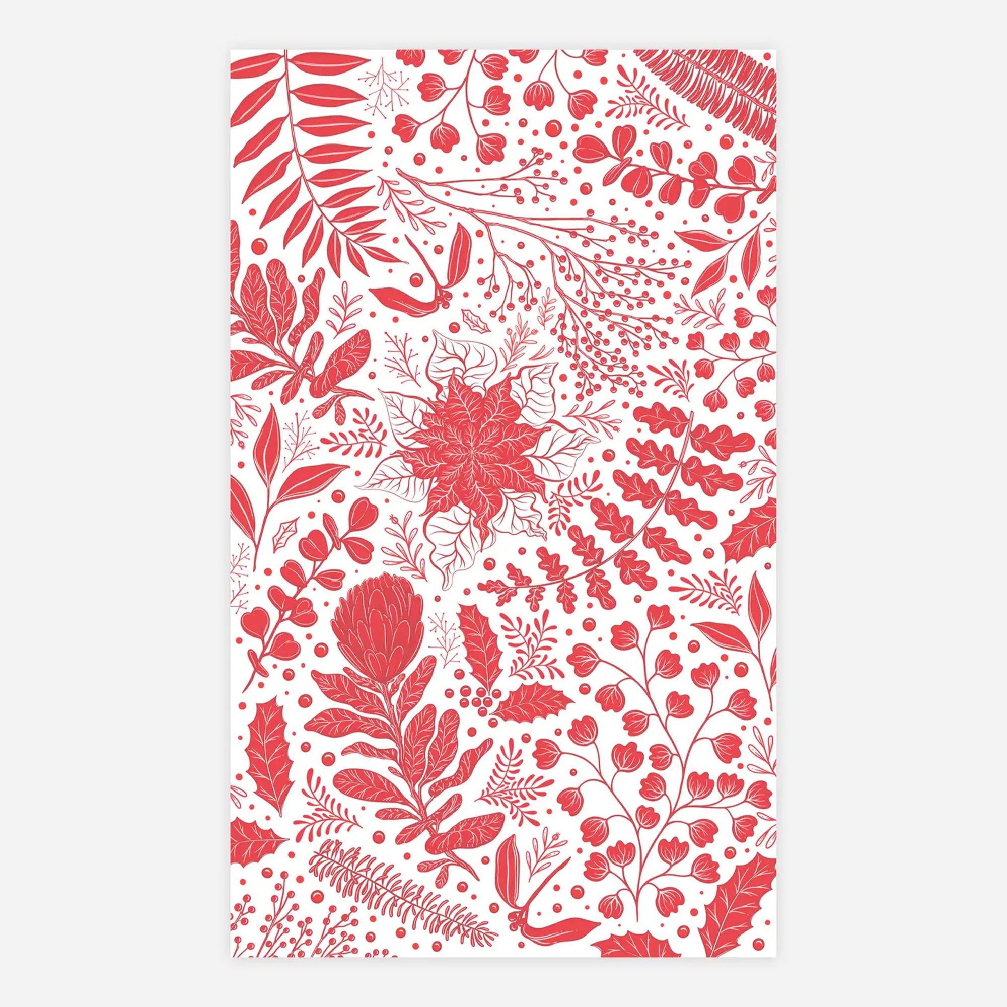 Red floral pattern with red flowers and leaves on a white background