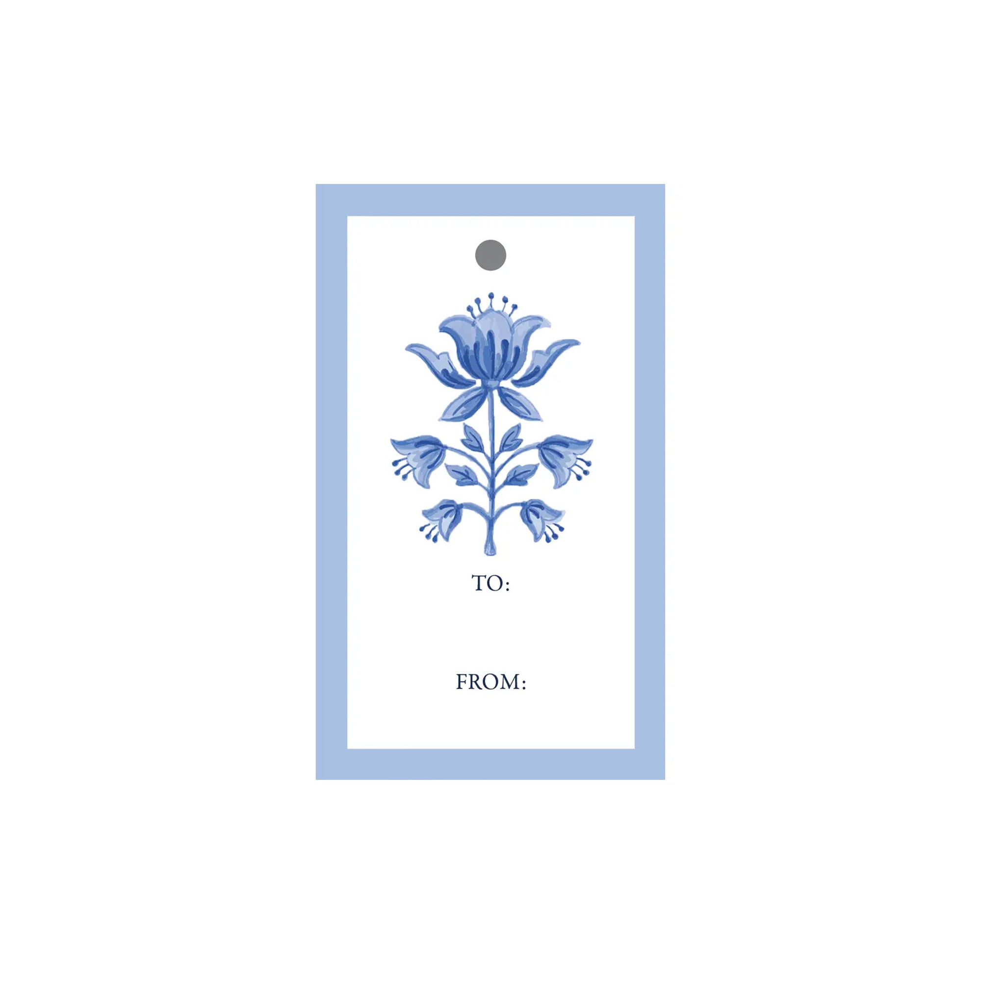 Gift tag with blue floral design on a white background