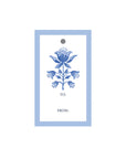 Gift tag with blue floral design on a white background