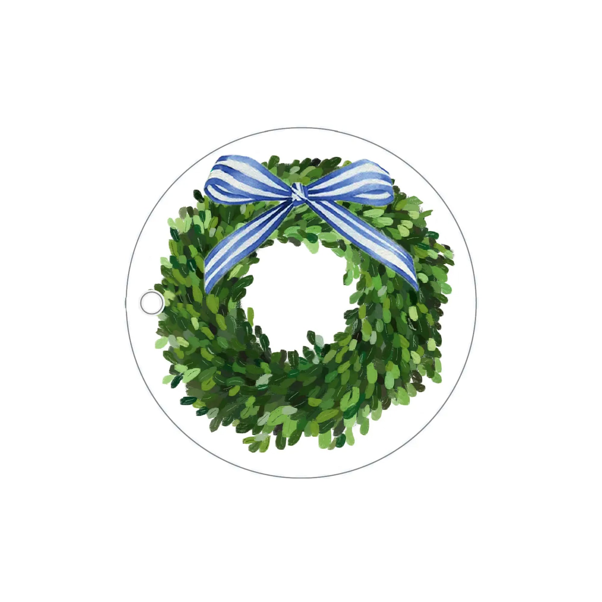 Green wreath with a blue and white striped bow gift tag on a white background