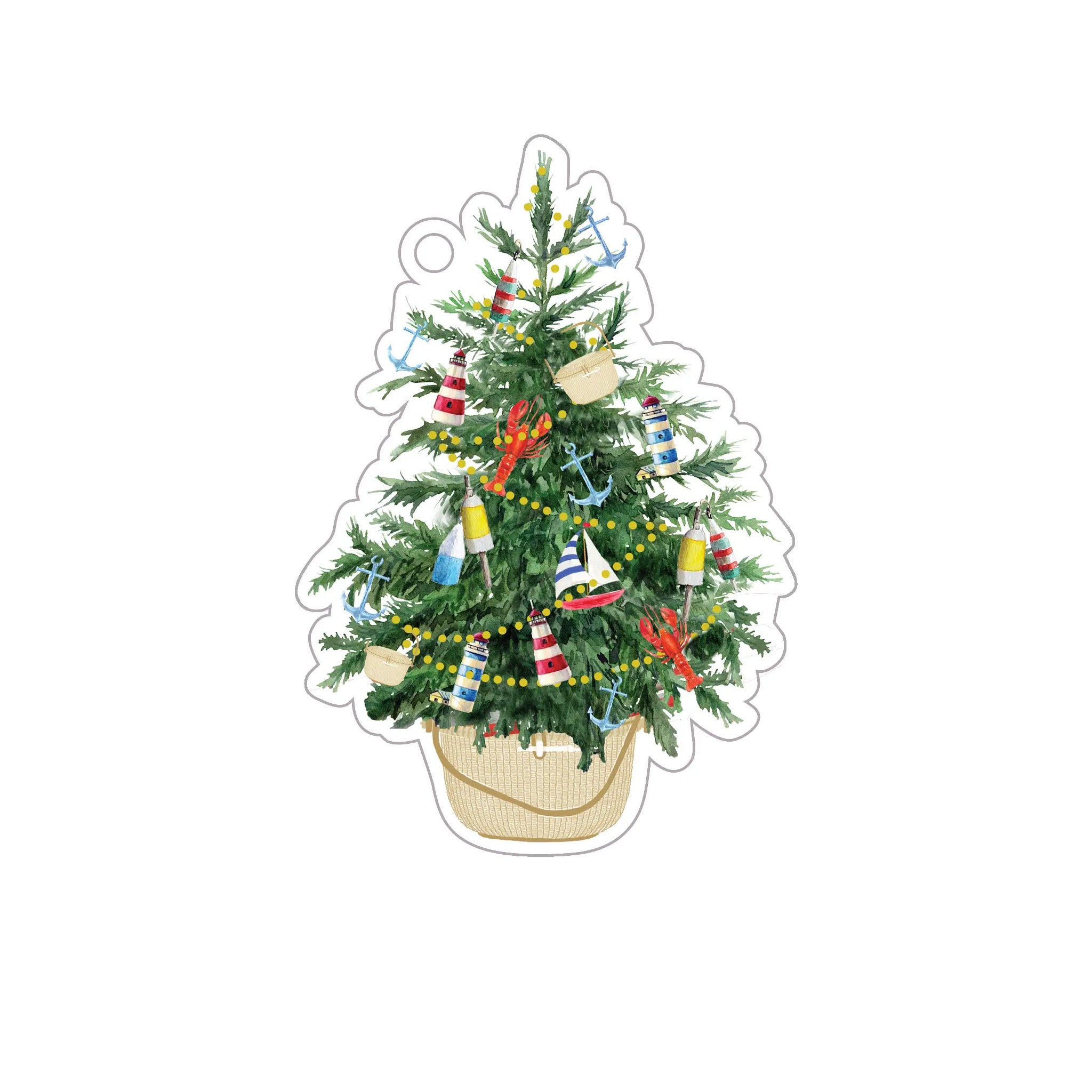 Decorated Christmas tree with ornaments gift tag on a white background