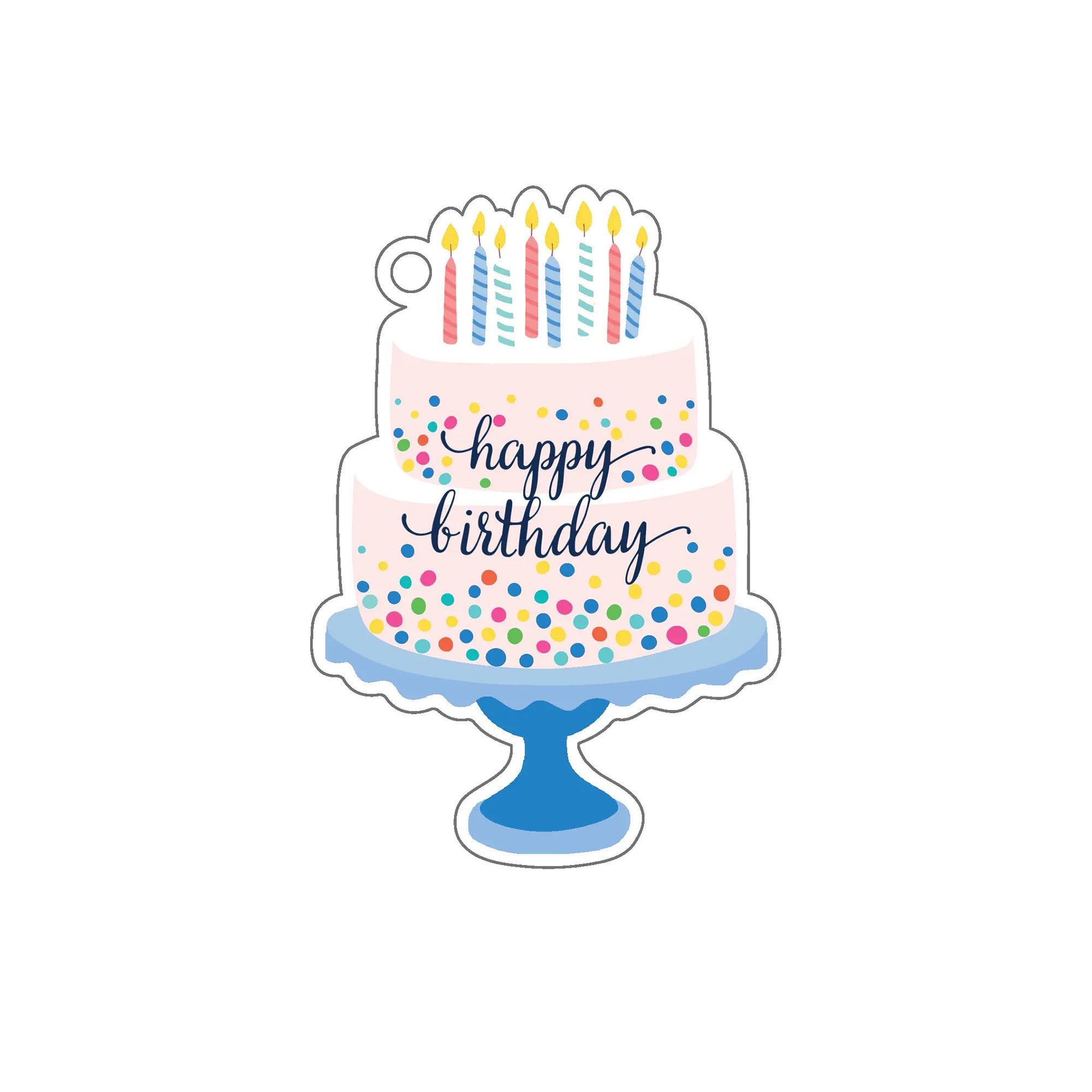 Gift tag of a birthday cake with candles and 'Happy Birthday' text on a white background