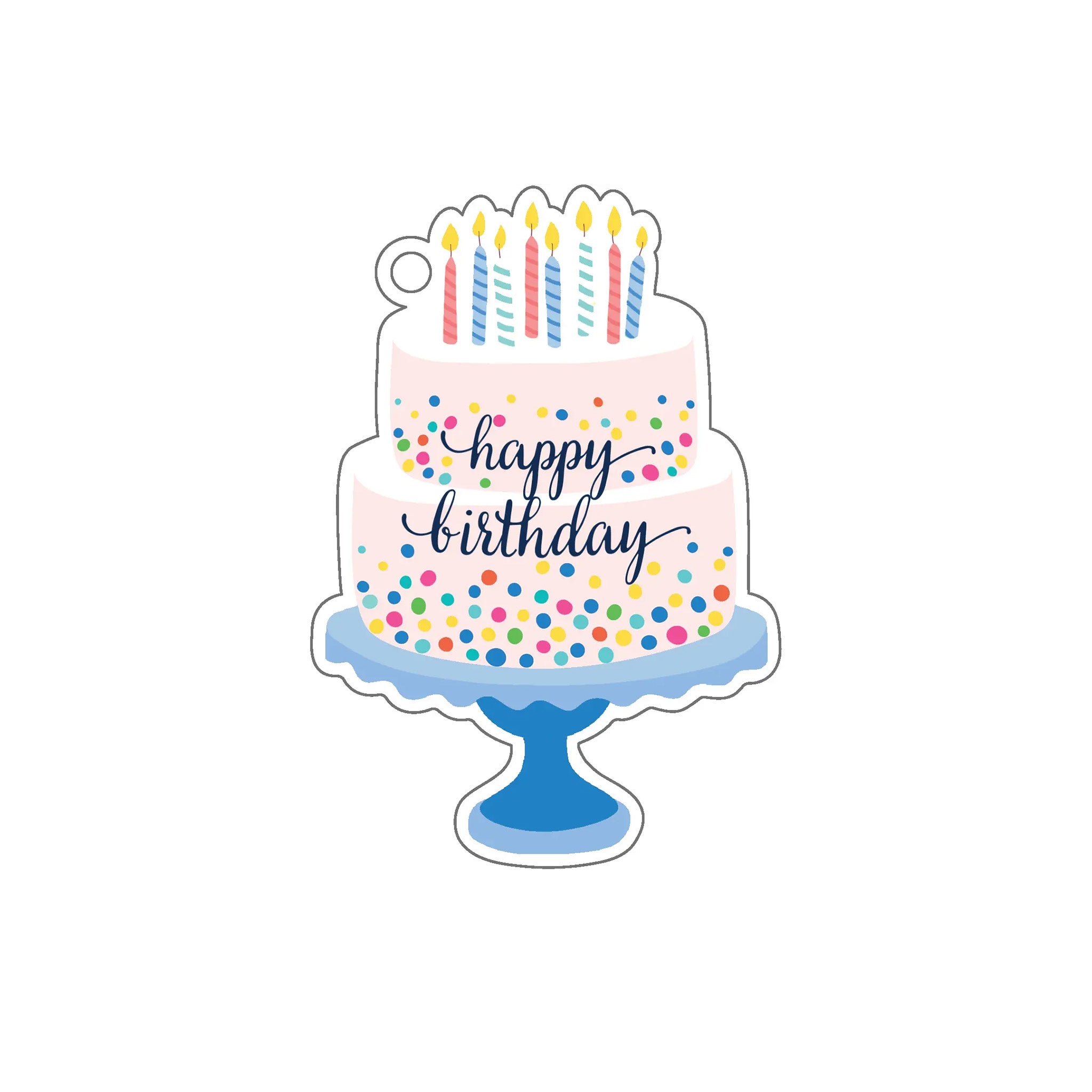 Gift tag of a birthday cake with candles and 'Happy Birthday' text on a white background