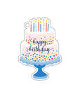 Gift tag of a birthday cake with candles and 'Happy Birthday' text on a white background