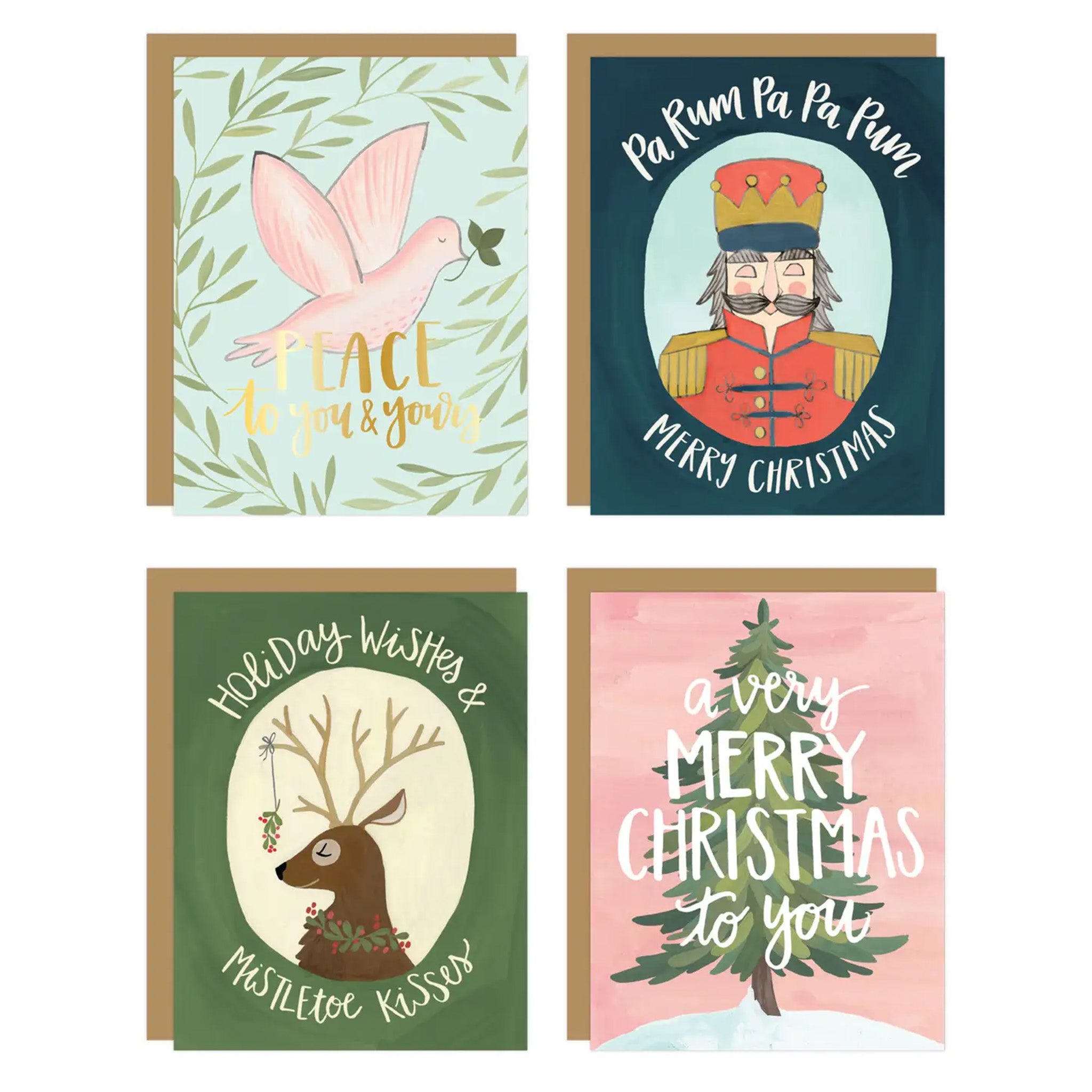 Four Christmas-themed greeting cards with different designs on a white background.