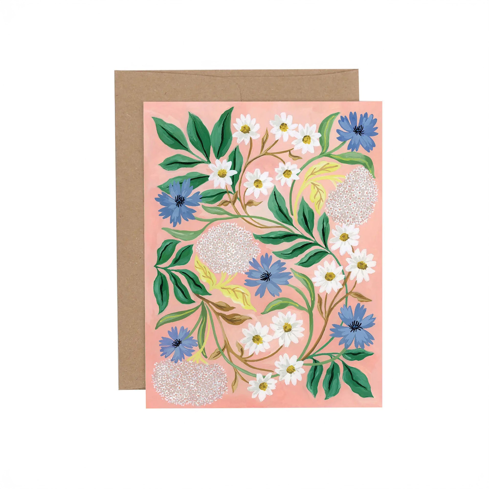 Floral card with a pink background and a brown envelope on a white background