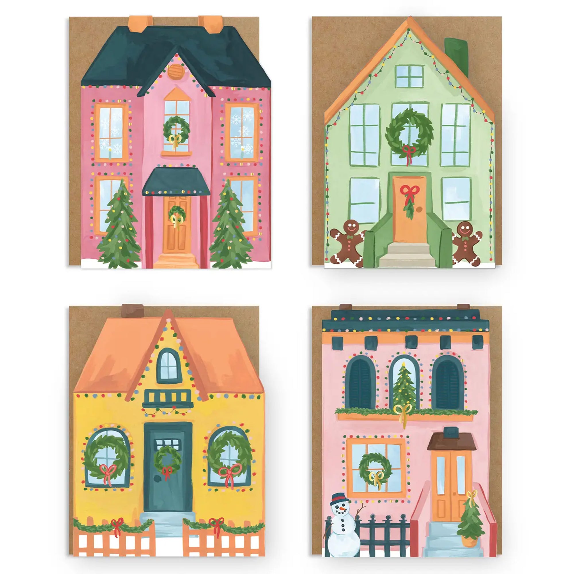 Four colorful house-shaped greeting cards with Christmas-themed decorations on a white background.