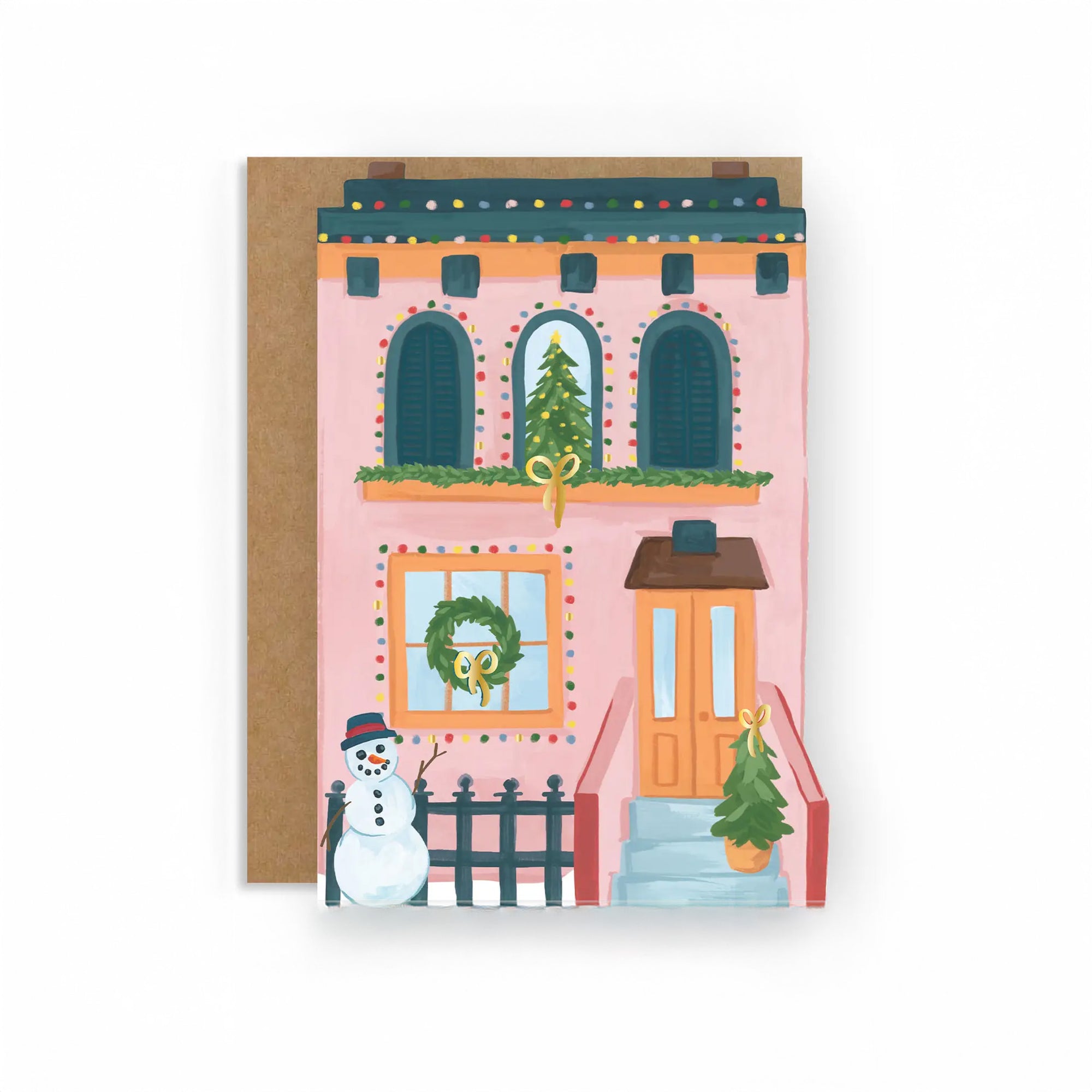 Greeting card with a festive house illustration and snowman on a white background