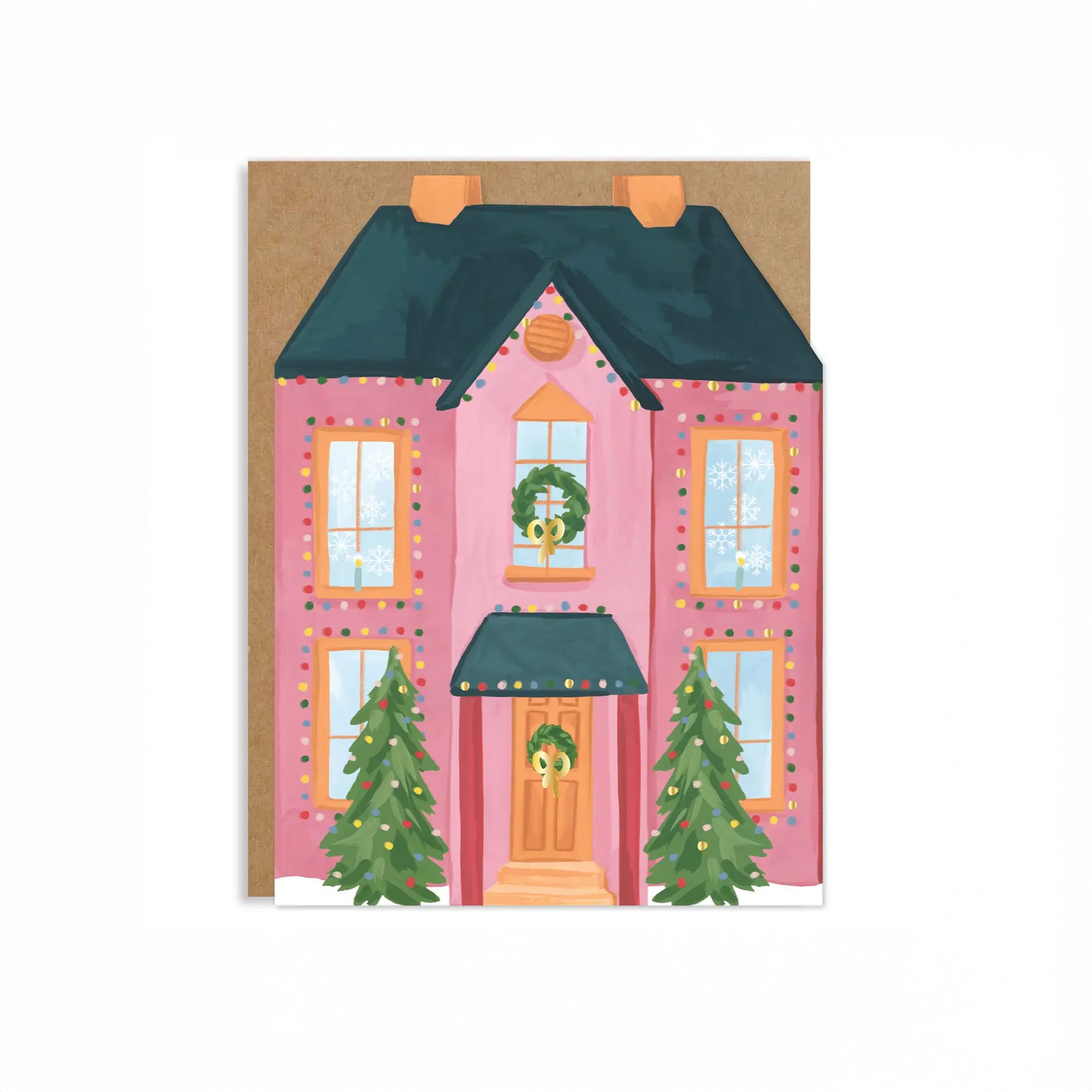Illustration of a pink house with Christmas decorations on a white background