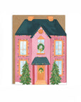 Illustration of a pink house with Christmas decorations on a white background
