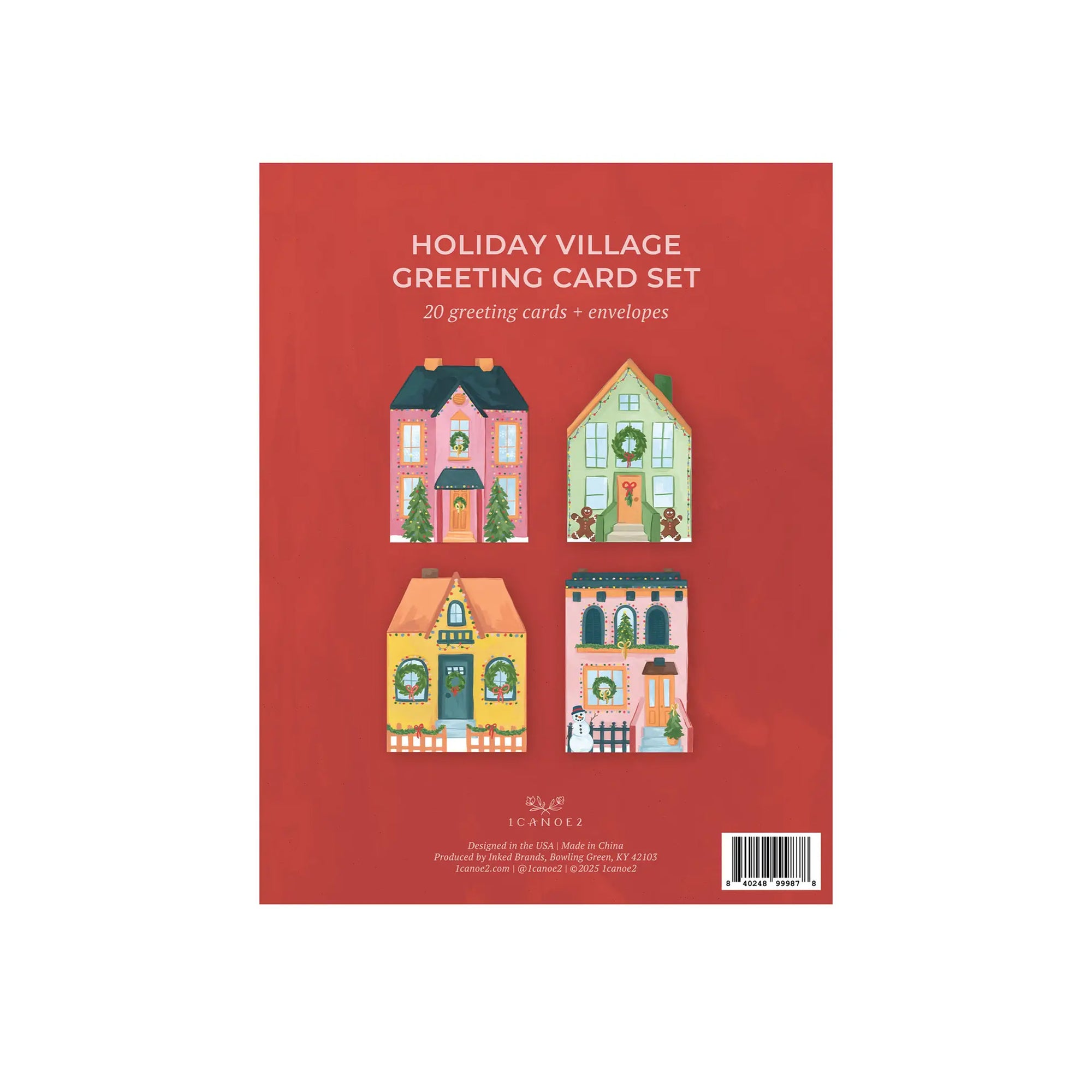 Holiday Village greeting card set packaging with colorful houses on a red background