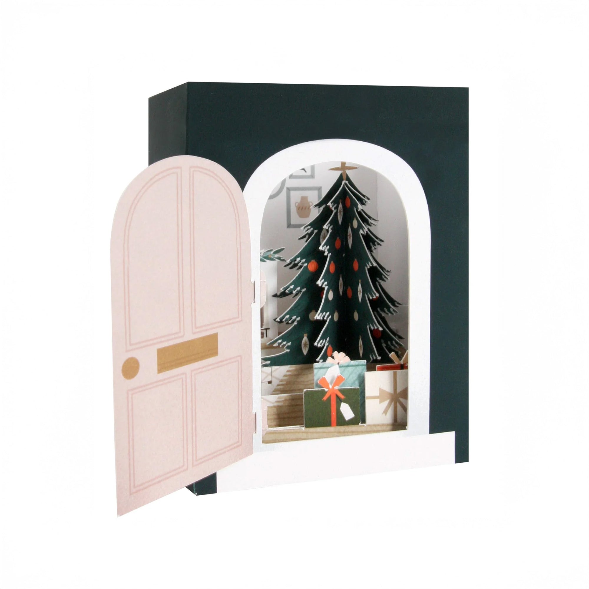 Decorative Christmas scene with a pink door, Christmas tree, pop up card