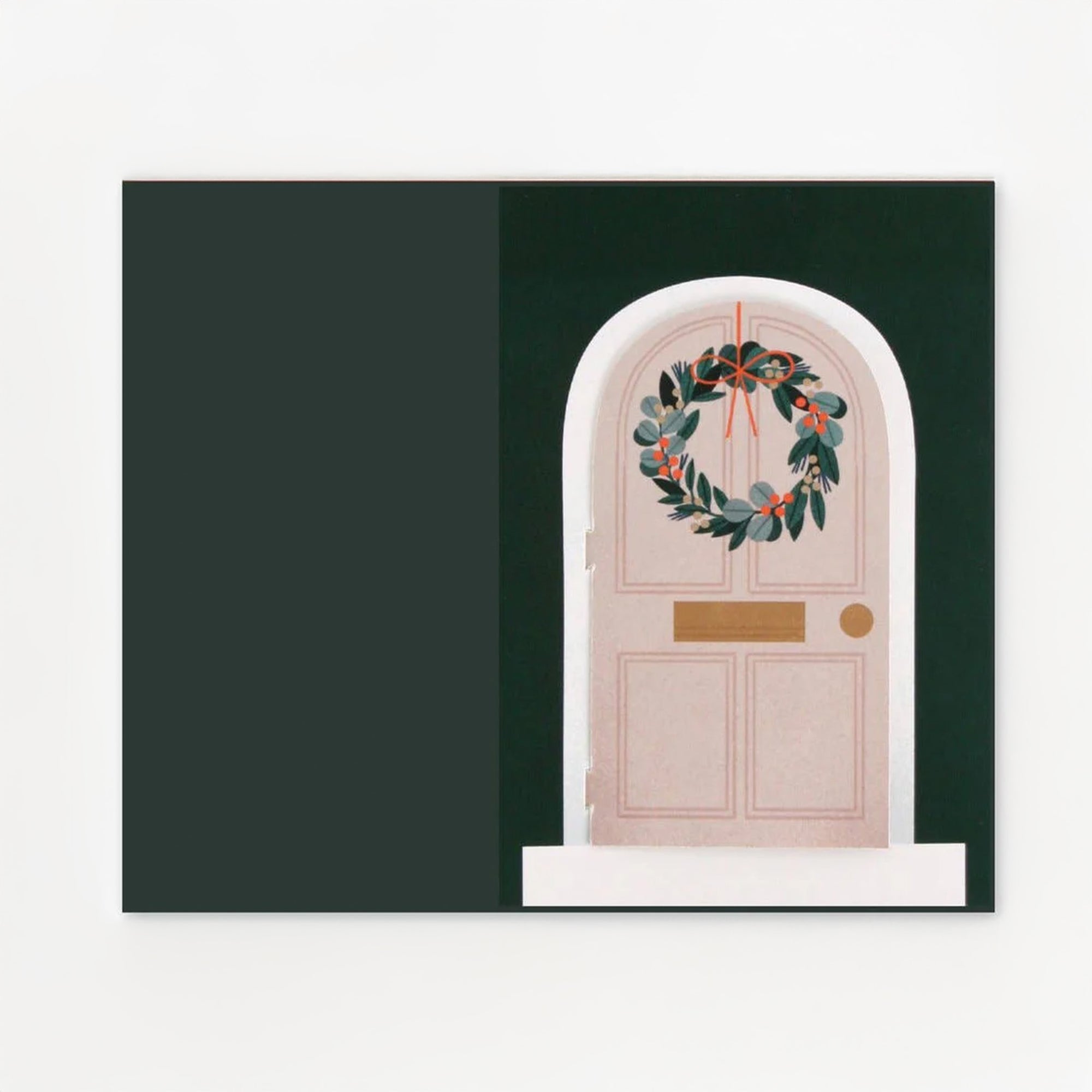 Flattened pink door with a wreath on a dark green background